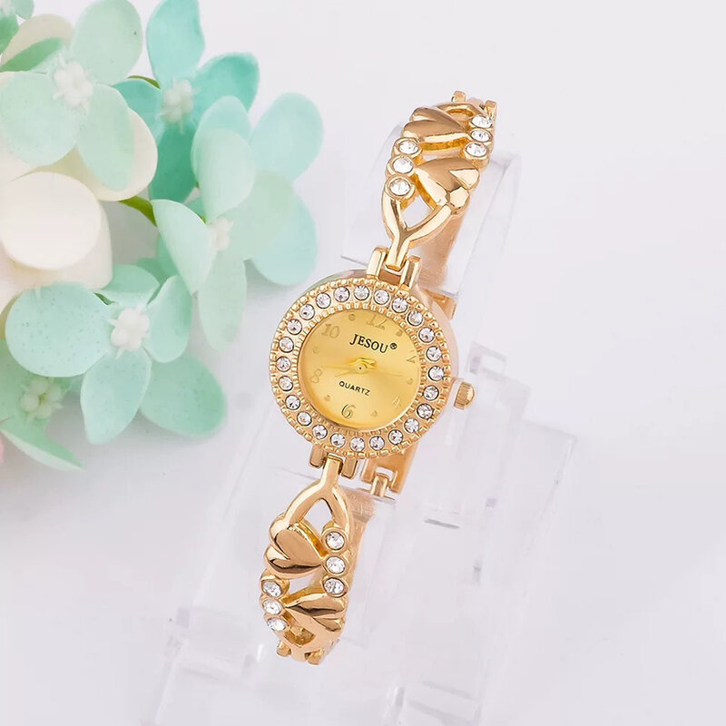 Vrouwen Armband Horloge Set Gold Crystal Ontwerp Ketting Oorbellen Ring Vrouwelijke Sieraden Set Quartz Horloge Vrouwen Geschenken Voor Valentijnsdag