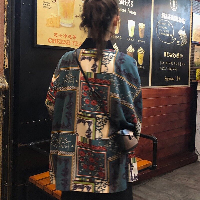 Blusa feminina cardigã estilo morcego estampa retrô, casaco manga protetora