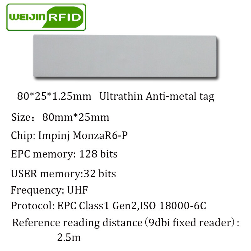 Uhf Rfid Anti-Metal Tag 80*25*1.25Mm 915Mhz 868Mhz Impinj Nxp ISO18000-6C EPCC1G2 6C Printable Passieve Rfid Synthetisch Label