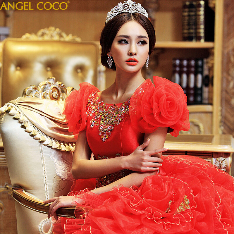 Luksusowy królewski kryształ Rhinestone czerwona księżniczka ciąża Puffy 3D kwiat macierzyński sukienka elegancka panna młoda suknia dla ciężarnych