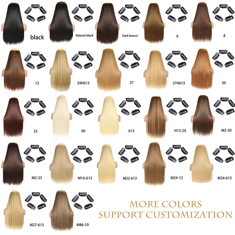 Extension de Cheveux Synthétiques Longs et Lisses à réinitialisation, Faux Cheveux Blonds, Bruns et Noirs, 5 Clips, Degré de Chaleur, 1 Pièce