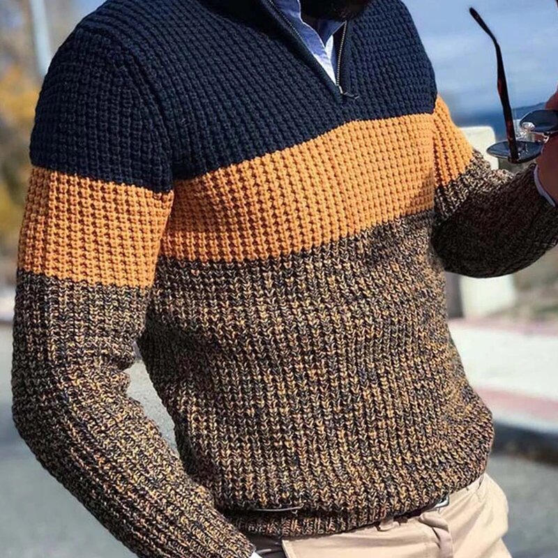 Men's Autumn and Winter Pullover Sweater Cotton Casual Zipper Small Turtleneck Sweater Cover Long Sleeve V-Neck Colorblock Knit
