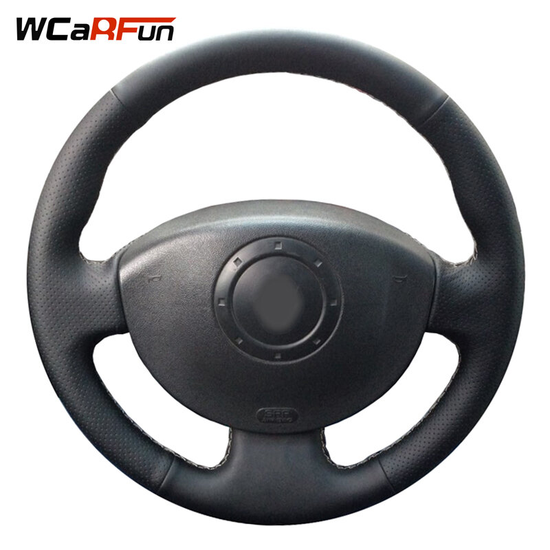 WCaRFun-Funda de cuero negro para volante de coche, cosida a mano para Renault Megane 2 2003-2008 Kangoo 2008 Scenic 2 2003-2009