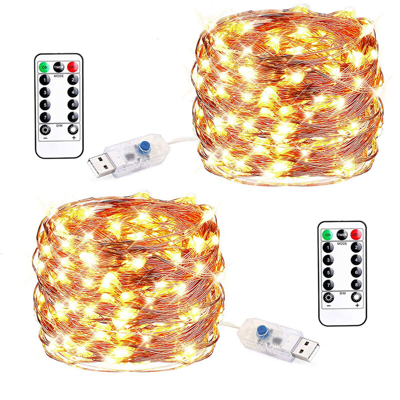 Cadena de luces de alambre de cobre, 100LED, cadena de luces de hadas, 8 modos, alimentada por USB con Control remoto para fiesta de boda