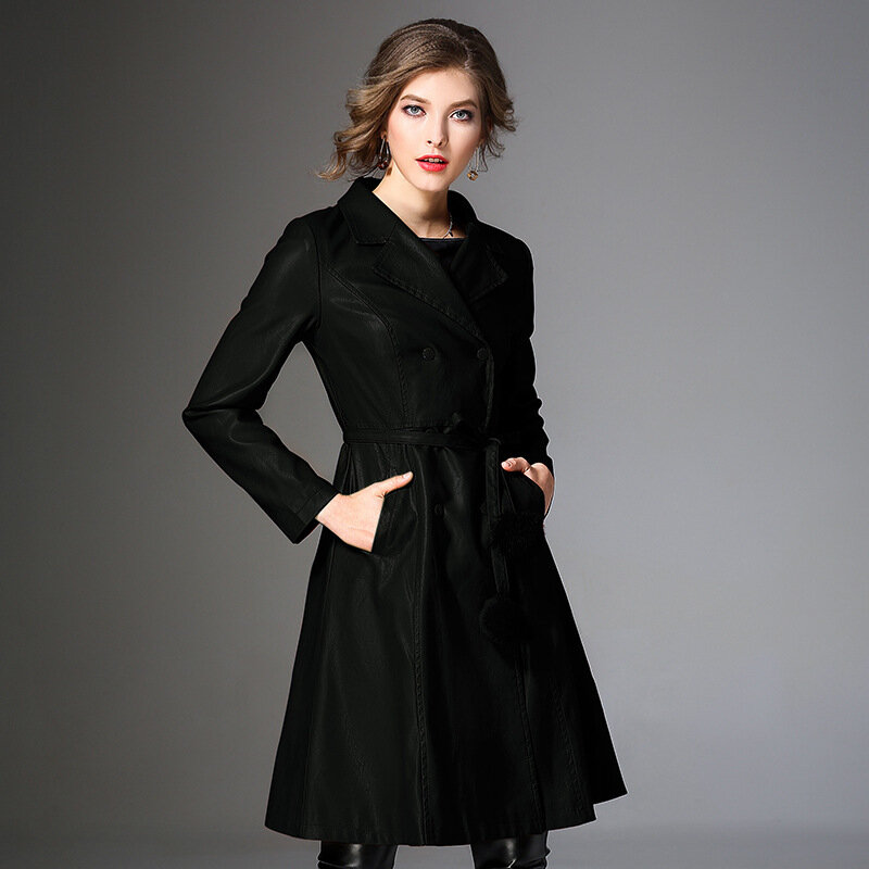 ヨーロッパ新ファッション秋のpuレザージャケット女性ヴィンテージダブルブレスト女性のオーバーコート女性黒コートLX2001
