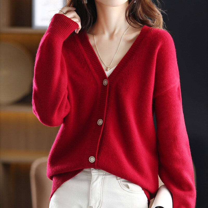 Maglione in pura lana da donna autunno inverno nuova versione coreana sciolto tinta unita scollo a v Cardigan in lana lavorato a maglia cappotto a maniche lunghe