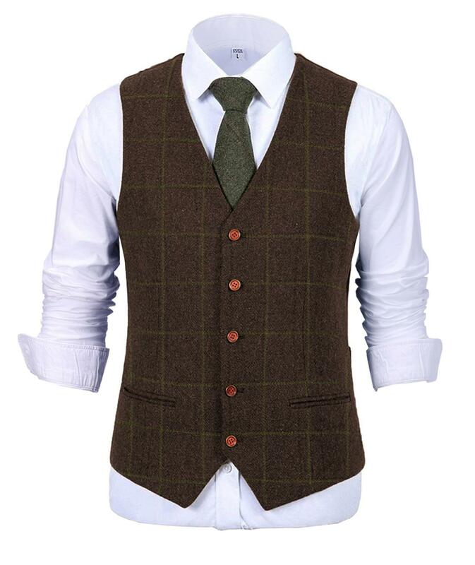 Męska zieleń wojskowa kamizelka Plaid miękka wełna brązowa kurtka Casual Gentleman Tweed biznesowa kamizelka dla Groosmen drużba na ślub