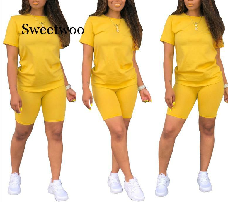 SWEETWOO Casual Zwei Stück Set Sexy Club Outfits Frauen V Neck Kurzarm T Shirt Und Shorts Schweiß Anzüge Sets