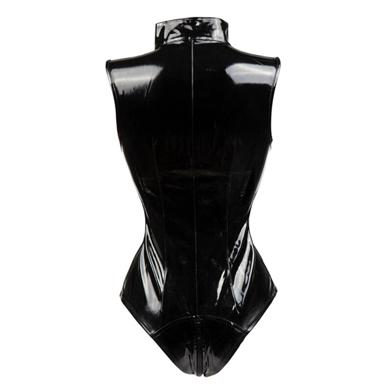 여성용 블랙 가랑이 지퍼 민소매 섹시한 스판덱스 바디수트, 가죽 라텍스 캣수트, PVC 점프수트, 짧은 PU 바디수트 클럽웨어