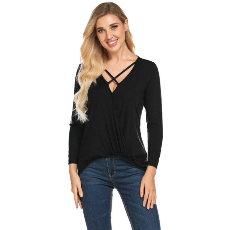 Summer Sexy Women T-Shirts V Neck Cross Strap Loose Long Sleeve Knitted Color Cotton T-shirt Female Tops Ladies Blouse