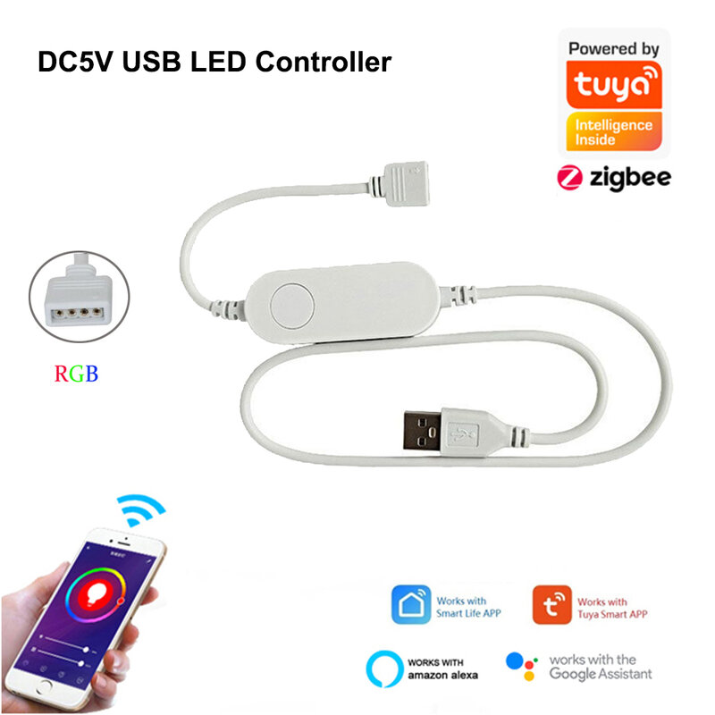 TUYA Zigbee USB Dây Đèn LED DC5V 1M 2M 3M 4M 5M RGB Ánh Sáng Linh Hoạt Đèn truyền Hình Nền Chiếu Sáng Echo Plus Google Home Điều Khiển Bằng Giọng Nói
