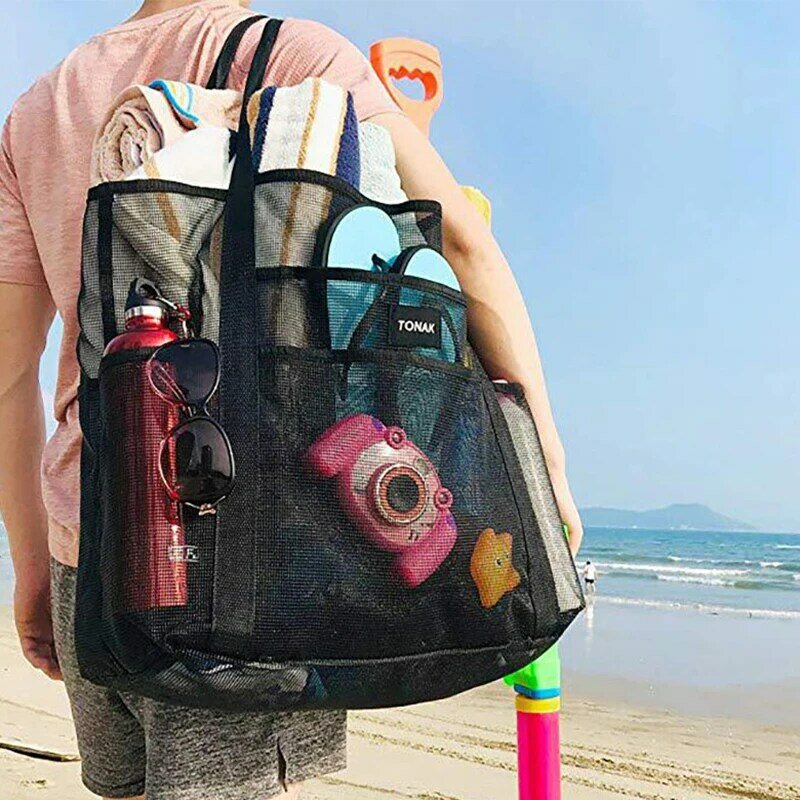 Grand sac de plage à 8 poches, sac d'été en maille Durable, fourre-tout étanche, sac de serviette de plage