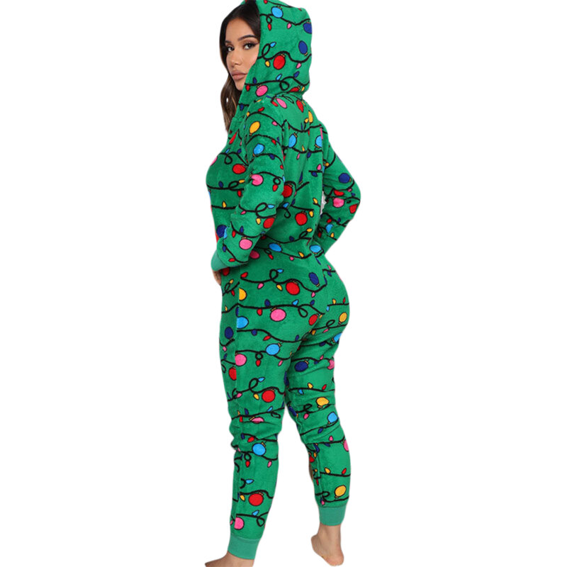 Vrouwen Kerst Thuis Jumpsuit Ster/Streep Hooded Lange Mouwen Zip-Up Fleece Pyjama Voor Nachtrust S/M/L/Xl