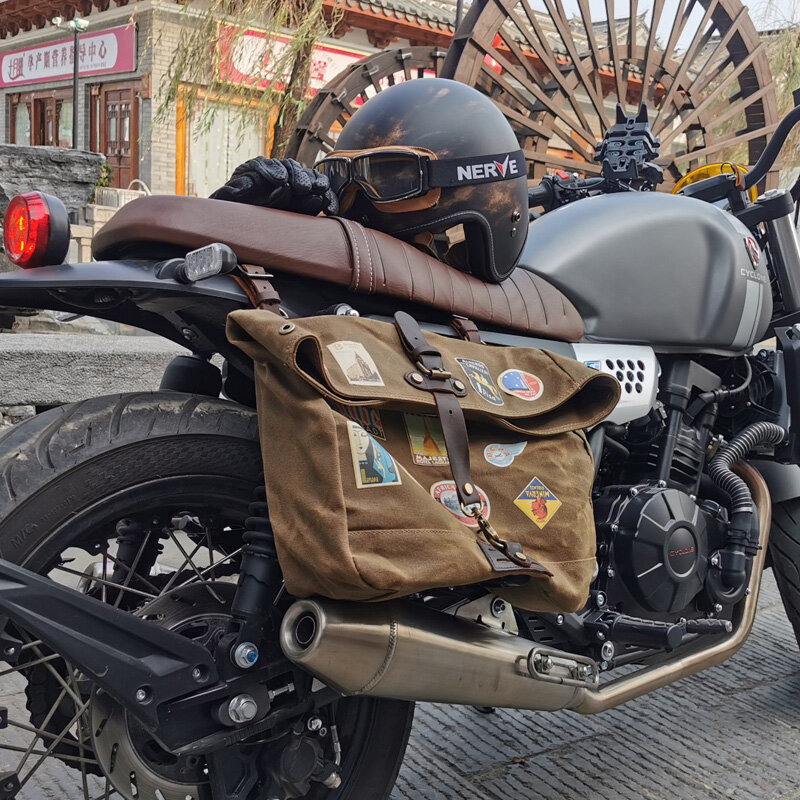Bolsa de lona com cera retrô para motocicleta, bolsa casual masculina de ombro para motocicleta, bolsa traseira com emblema para homens