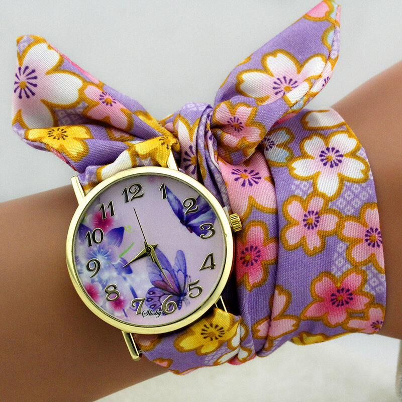 Shsby-Reloj de pulsera de tela de flores para mujer, relojes de vestir de moda dorada, reloj de tela de alta calidad, reloj para niñas dulces