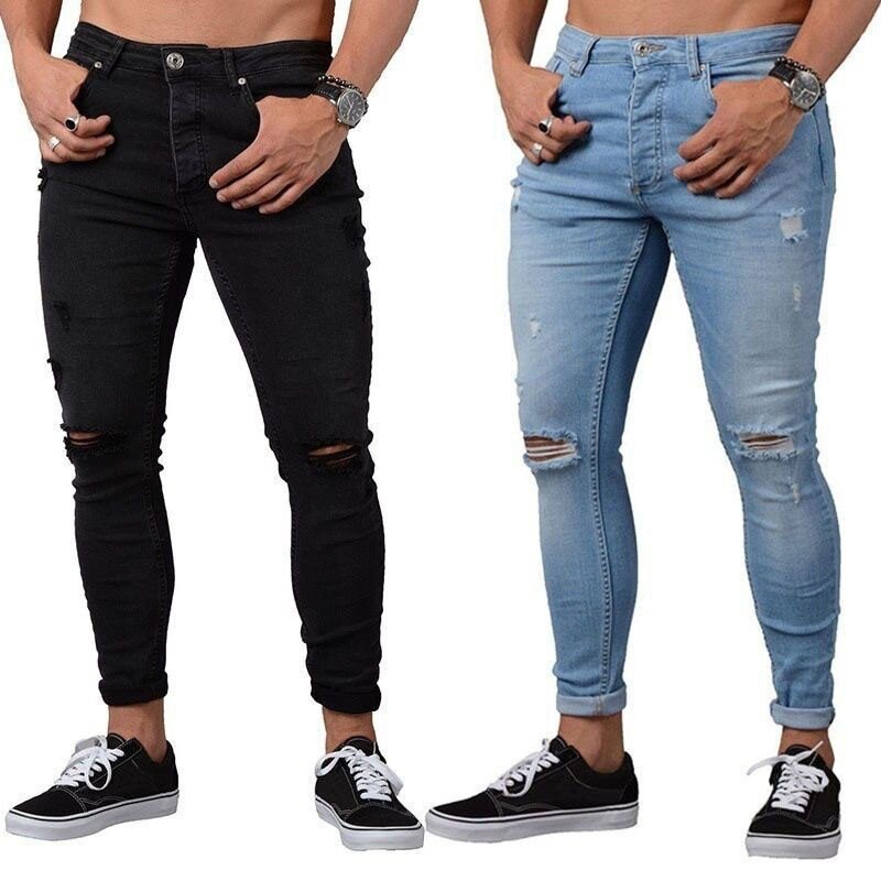 Nowe męskie Skinny dżinsy męskie jeansowe Jeansy ze streczem mężczyzna Slim Fit Hip Hop spodnie w pasie mody otwór Biker dżinsy męskie