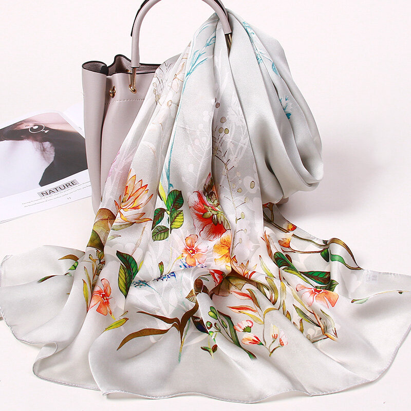 Bufanda de seda con estampado de loto para mujer, pañuelo de pelo de seda Natural, Foulard fino de verano, chales de seda pura