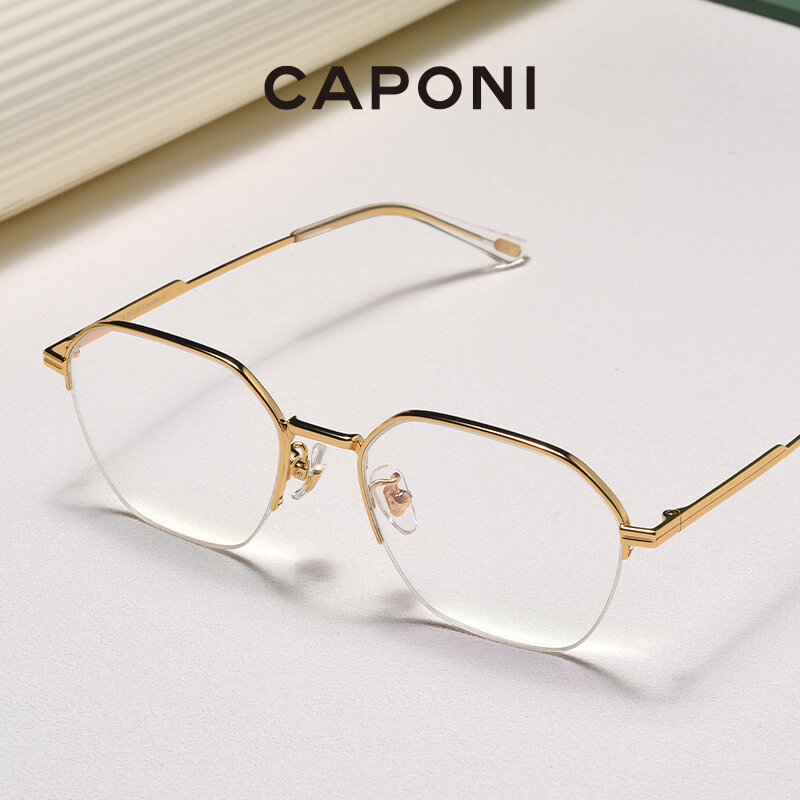 Caponi-女性用青色光保護サングラス,超軽量でファッショナブルなメガネ,ゴールドハーフフレーム,合金jf21021