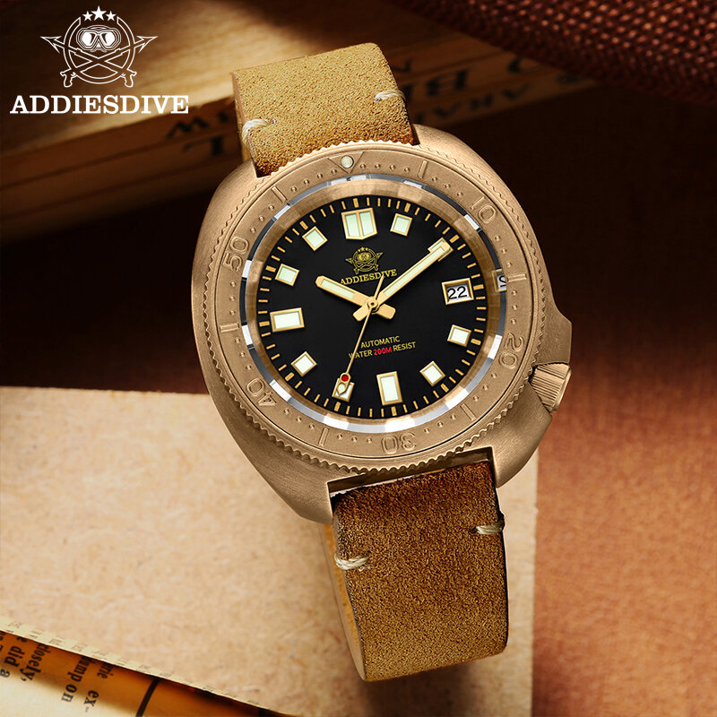 ADDIESDIVE นาฬิกาผู้ชาย AD2104 Super Luminous ดำน้ำ Bronze Bezel NH35นาฬิกาข้อมือผู้ชายจอแสดงปฏิทิน CUSN8นาฬิกา