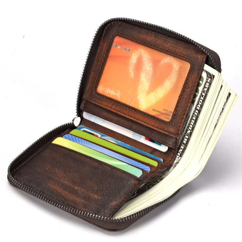AETOO-cartera pequeña de piel de vaca para hombre, billetera pequeña informal con cremallera vertical, estilo retro