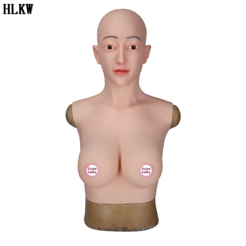 New D Cup Fake Silicone Breast Forms Head Mask Half Body Huge Boobs Transgender Drag Queen Shemale Mask Crossdress for Men Cos