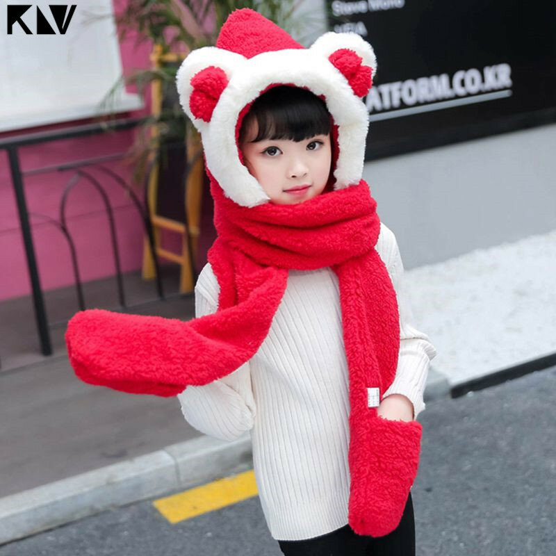 KLV Kids 3 In 1 Warm Plush Winter Hat Cute Bowknot Bear Ears Scarf Gloves Hoodie Cap