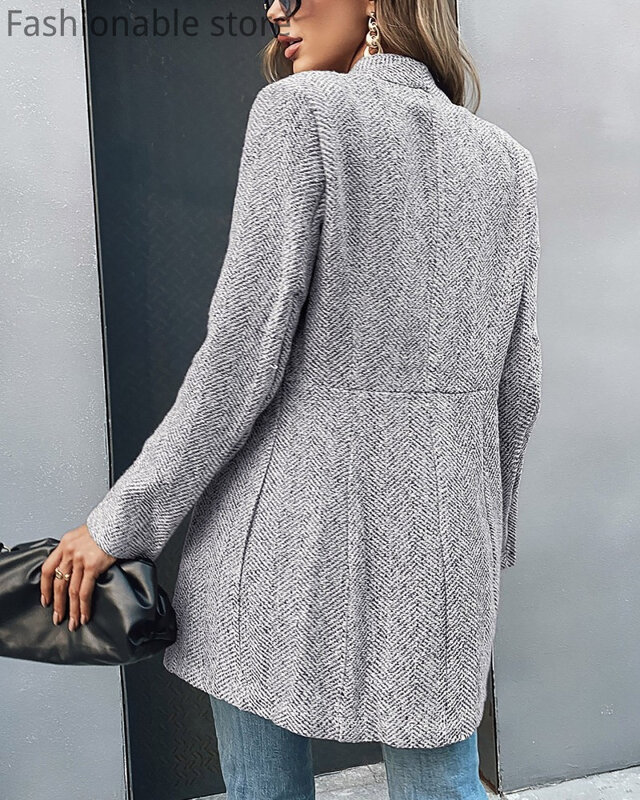 Women Pocket Design Long Sleeve Casual Open Stitch Coat