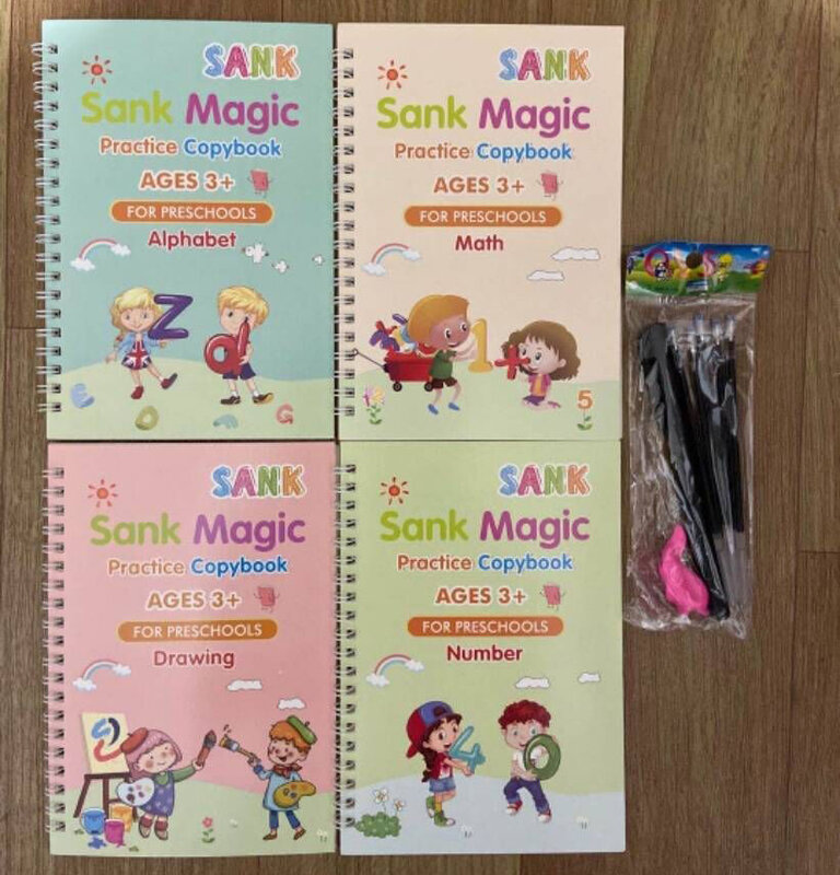4 książki/zestawy magicznych książek dla dzieci, wielokrotnego użytku kaligrafia 3D Copybooks, angielski numer liternictwo magiczne praktyki Copybooks