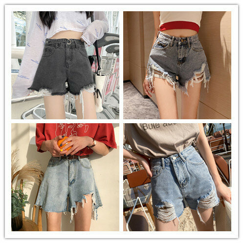 Women's Shorts Sexy girl pleated ripped pockets Vintage High Waist skinny Female Summer Ladies Shorts Jeans For Women streetwear