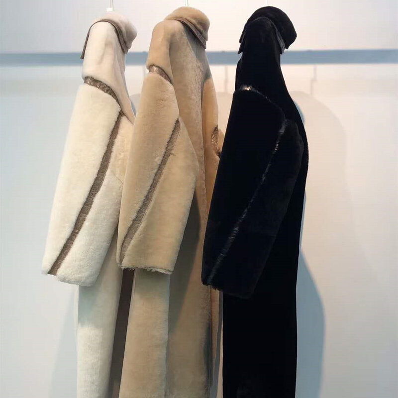 100% Real Merino Sheep Fur Woolen Long Coat Woman GENUINE LEATHER  Autumn Winter Turn-down Wool Jacket Woman Casual Slim