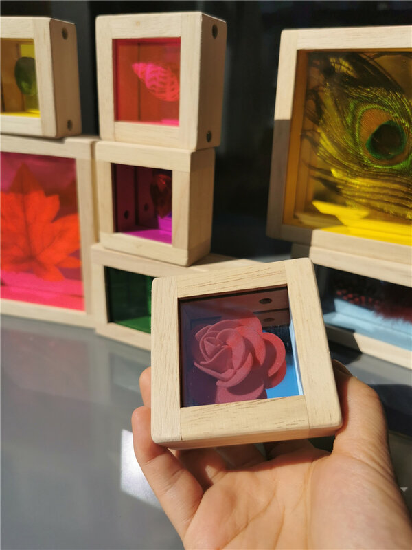Dzieci Montessori zabawki drewniane sensoryczne Rainbow lustro bloki akrylowe układanie z klejnotami pióro liść motyl kwiat duży rozmiar