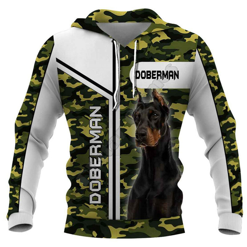 Sweat à capuche de Camouflage Doberman 3D pour hommes et femmes, pull-over imprimé, Animal amusant, à la mode, vêtements de Cosplay 01