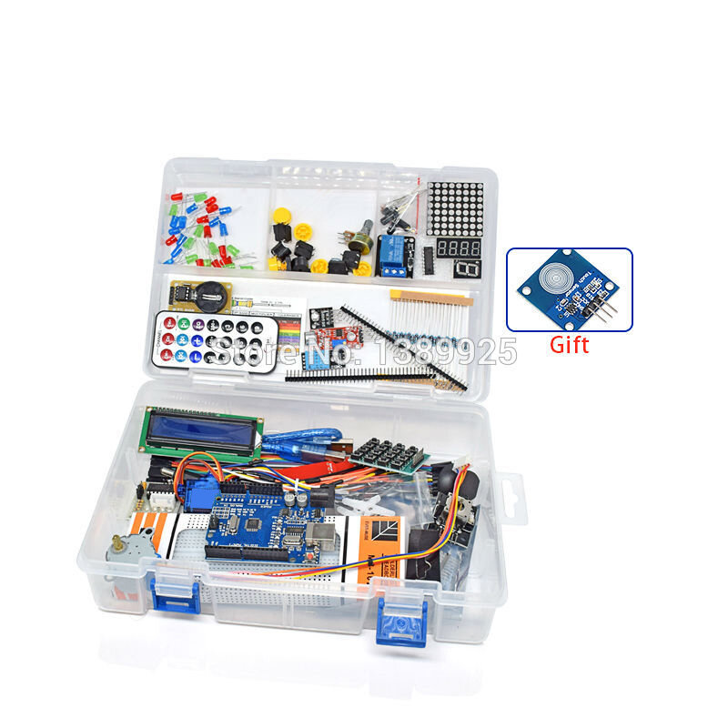 С розничной коробкой, стартовый комплект RFID для Arduino Uno R3 - Uno R3, макетная плата и держатель, шаговый двигатель/сервопривод/1602 LCD/перемычка