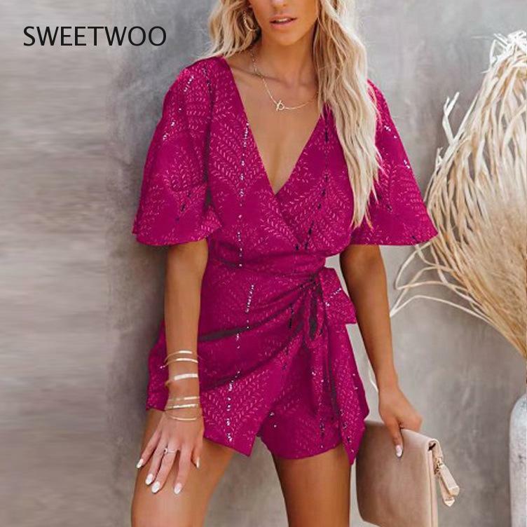 2021 Summer New Style V-Neck Leak-Back Printed Lace-Up Casual Loose Jumpsuit Women 3-Color Shorts