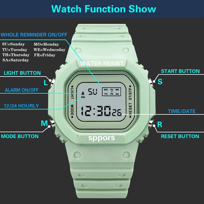 คลาสสิก Matcha สีเขียว LED Digital นาฬิกาผู้หญิงแฟชั่นสุภาพสตรีนาฬิกาข้อมือเล่นกีฬานาฬิกาปลุกไฟฟ้าหญิงนาฬิกาวุ้นนักเรียนของขวัญ