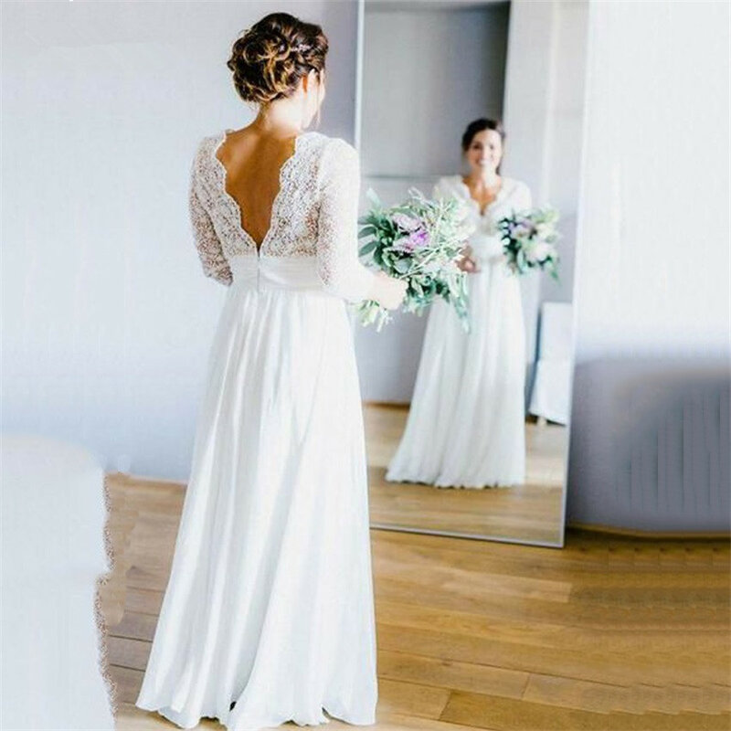 Gaun pernikahan Boho sifon 2024 atasan renda dalam leher-v lengan 3/4 gaun pengantin wanita pantai punggung terbuka Vestidos de novia