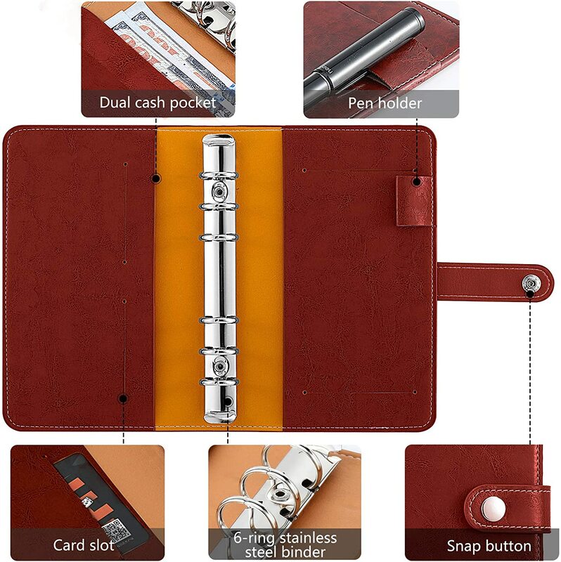 A6 PU Leather Binder Cover Planner Budget Cash Envelopes with 12 Binder Pockets Folders and Label Stickers for Budgeting Saving