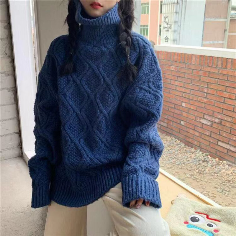 Pullover Sweter Turtleneck Wanita BF Longgar Semua Pertandingan Anak-anak Sekolah Dasar Korea Fashion Hangat Musim Gugur Rajutan Bergaya Terbaru