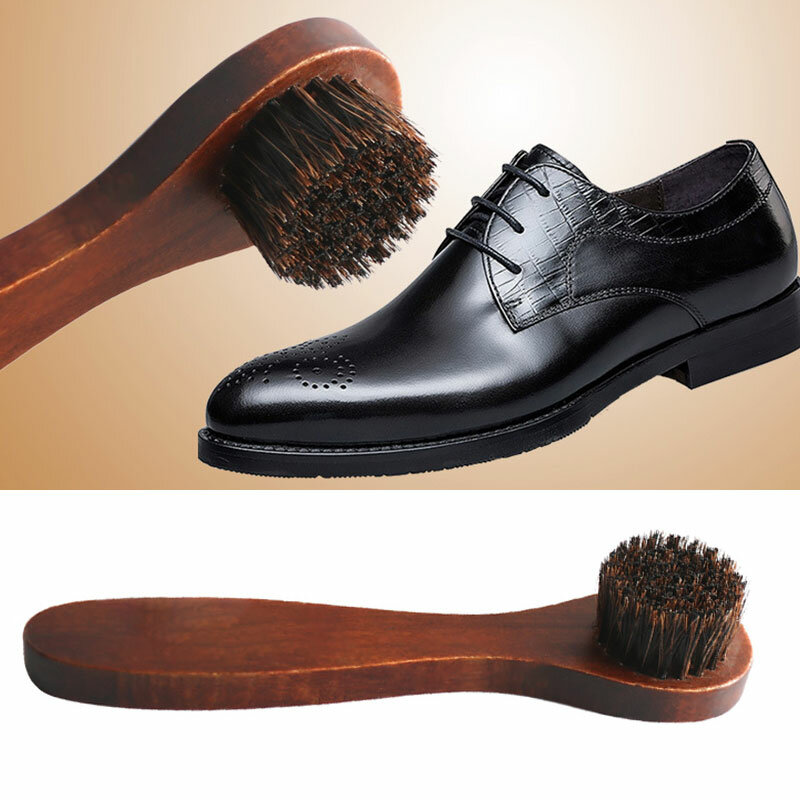 Cepillo de pelo de caballo de cerdas de mango de madera largo, cepillo de limpieza de cuero, abrillantador de zapatos, cepillo de bota de pelo suave, 1PC