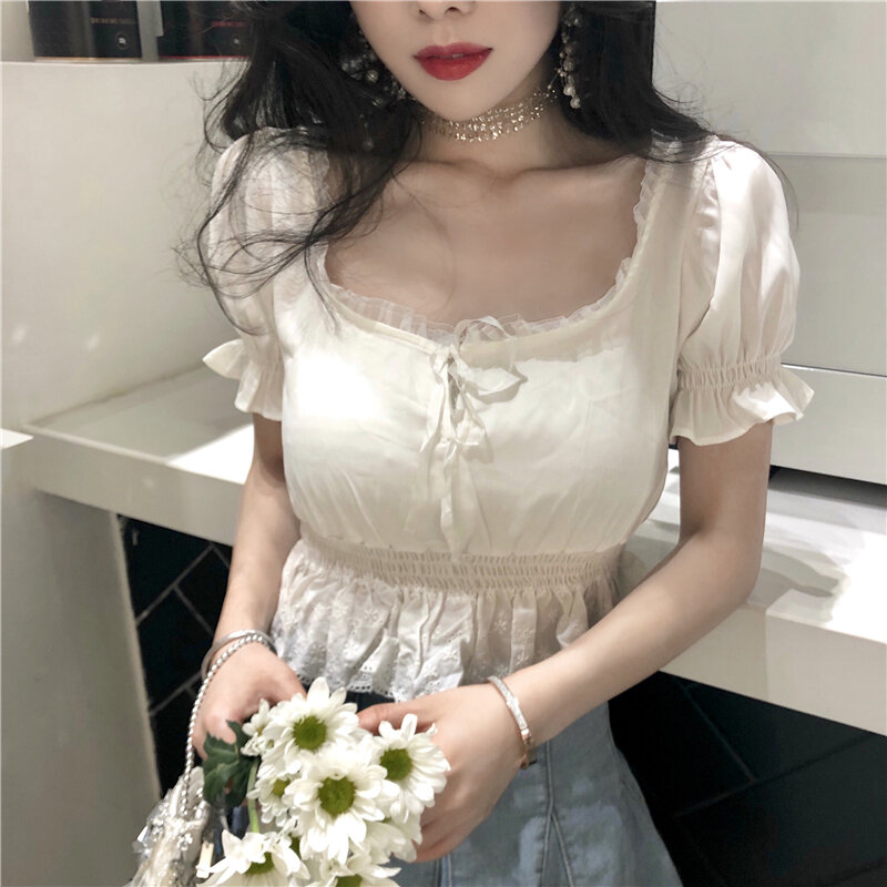 Womens Solid Short Sleeve Chiffon Tops Ladies Casual Lace Square Collar Blouses Vintage Square Collar Shirts Blusas Mujer