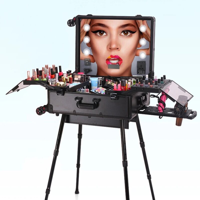 Panana Draagbare Make-Up Station Met Led Spiegels Lade 4 Benen Tafel Vrijstaande Perfect Voor Outdoor Studio Kunstenaar Maken up