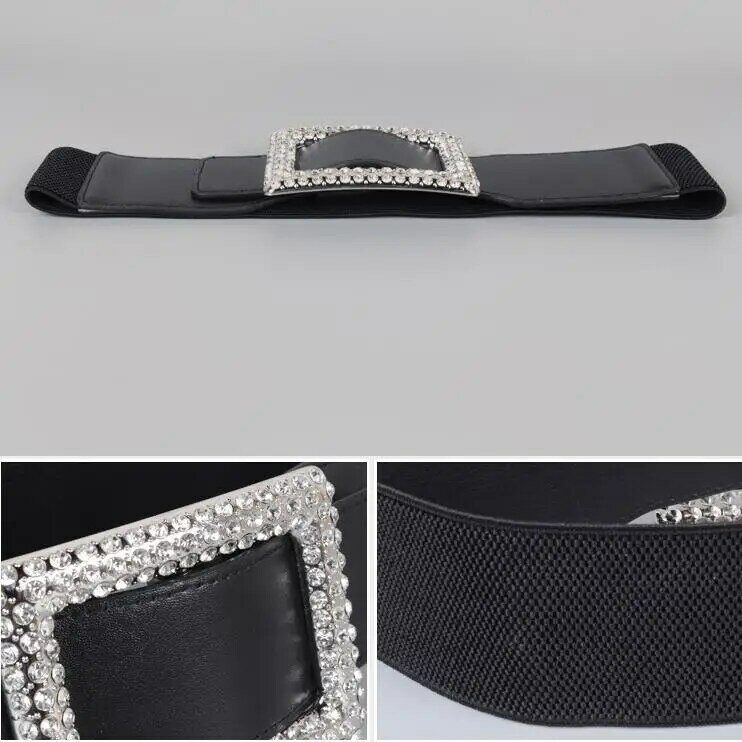 New Design White Waist Seal For Women Silver Luxury Crystal Rectangle Buckle Belt Dress Shirt Black Wide Elastic Waistbands Girl