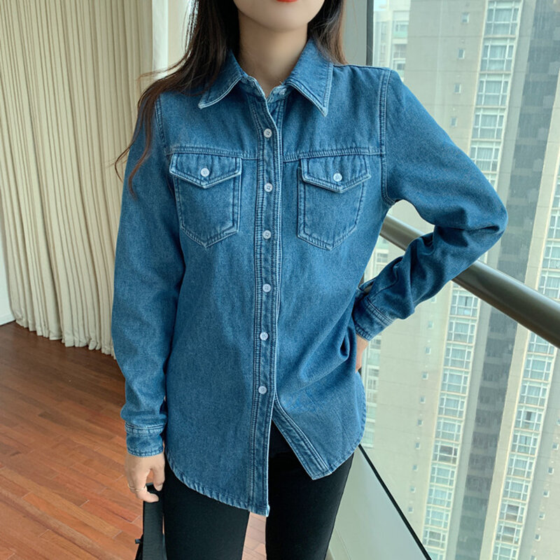 New Casual Denim Long Sleeve Shirts Women Winter Warm Velvet Thicken Tops Femme Loose Plus Size Blouse Long Outwear Jeans Coats