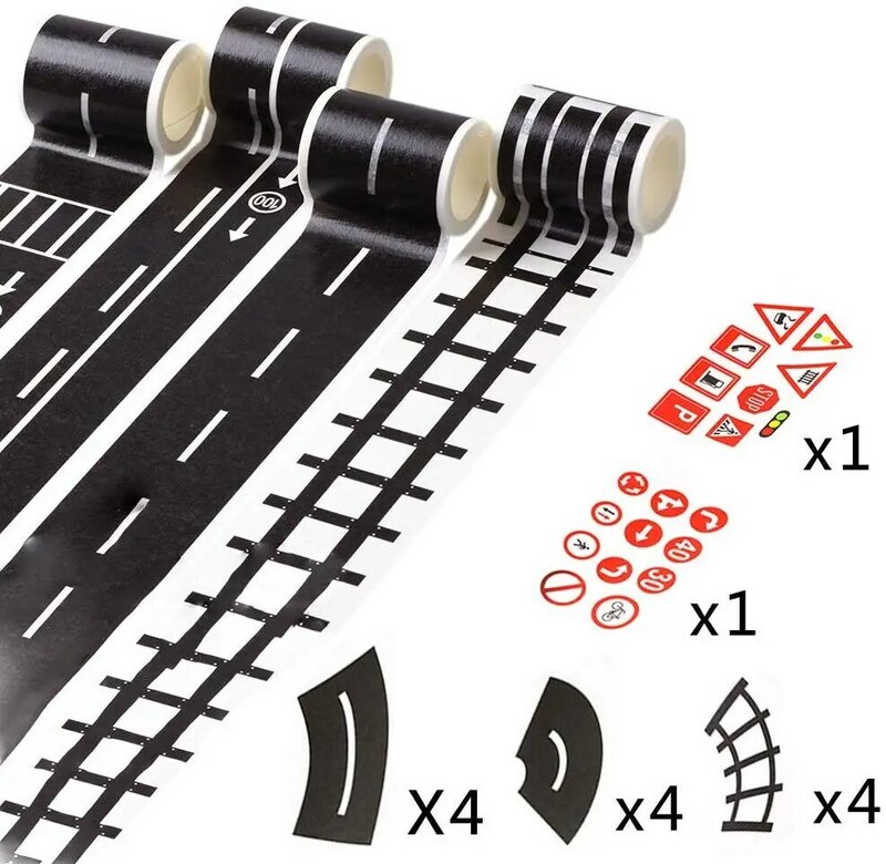 Cinta adhesiva de carretera para niños, cinta de papel artesanal con patrón de tráfico, para tren, camión, pista, vehículos, pegatinas, rollo de papel