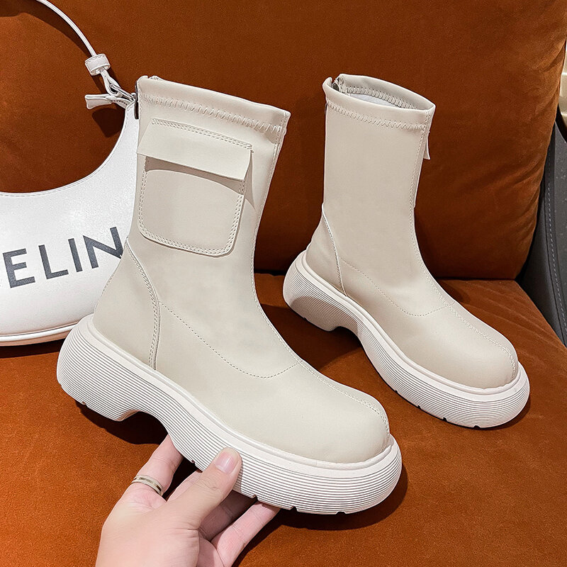 2021 New Ankle Boots for Women Thick Bottom Round Toe Genuine Leather Boots Black White All-match Botas Feminina Platform Shoes