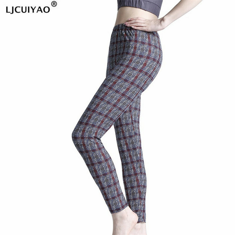 LJCUIYAO Women Leggings Grid Print Exercise Fitness Elasticity Plaid Push Up Female Trousers Ankle Length Polyester Gym Pants