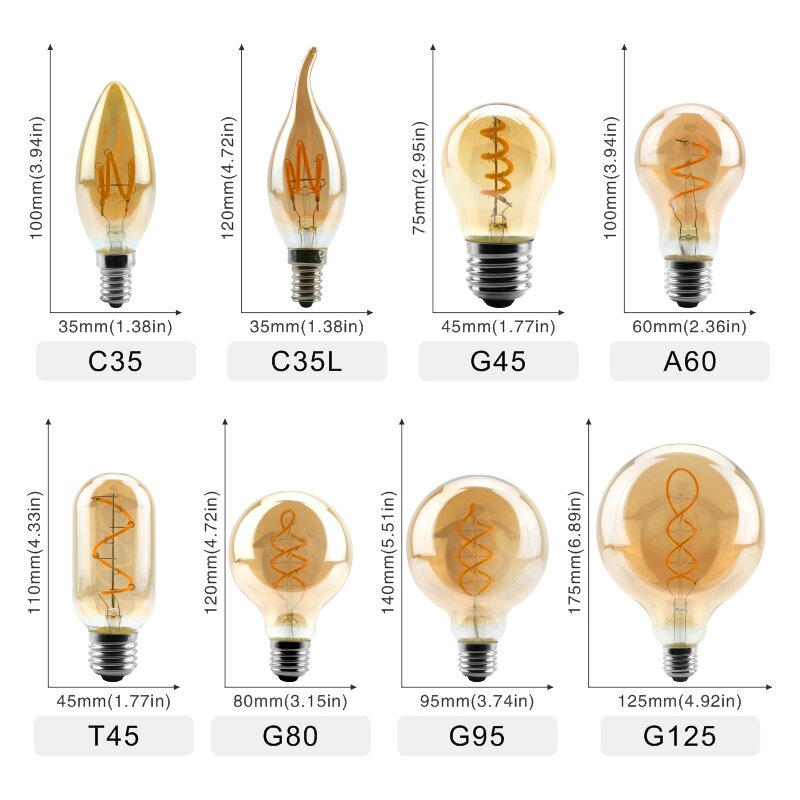 Retro LED Spiralna Żarówka Żarówka E14 E27 4W Ciepły Żółty 220V C35 A60 T45 ST64 T10 T185 T225 G80 G95 G125 Vintage Edison Lamp