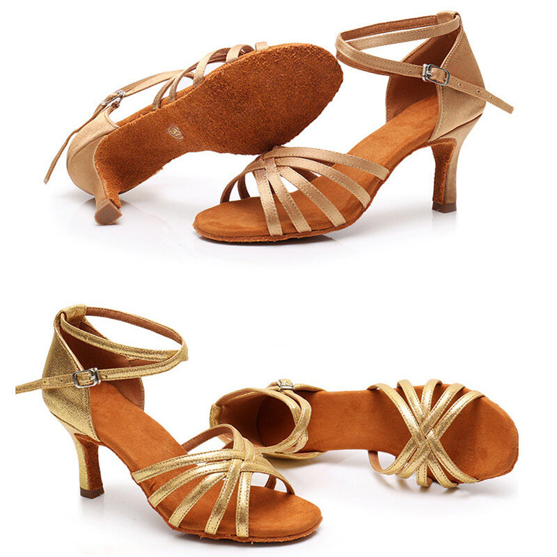 USHINE-Zapatos De tacón profesional para Mujer, calzado De satén sin nudo para Salsa, Tango, salón, Baile Latino, 7cm/5cm