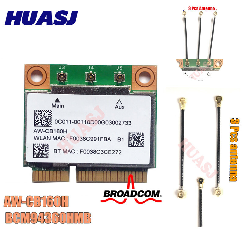 Azurewave AW-CB160H Broadcom Bcm94360hmb 802.11ac 1300M Sem Fio Wifi Wlan BT 4.0 Kartu Mini Pci-e dan 3 Buah Ipex1to Ipex 4