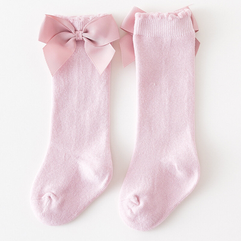 Calcetines largos hasta la rodilla con lazo grande para bebé recién nacido, calcetín de tubo de encaje de algodón 100% suave, para niños de 0 a 5 años